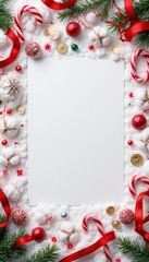 Festive Christmas border with copy space ornaments, candy canes, and pine branches on a white background
