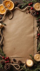 Rustic Festive Christmas Border with Dried Orange Slices, Pine Cones, and Candles on Wood