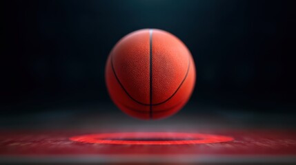 A vibrant basketball hovers above a court, illuminated by a soft glow, emphasizing its texture and form in a dramatic setting.