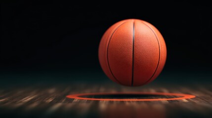A glowing basketball hovers above a court, illuminated against a dark backdrop, highlighting its texture and the hoop below.