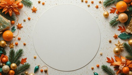 Winter Holiday Flat Lay Natural Fir, Bright Oranges, and Festive Baubles Frame a Blank Circle, Perfect for Seasonal Greetings