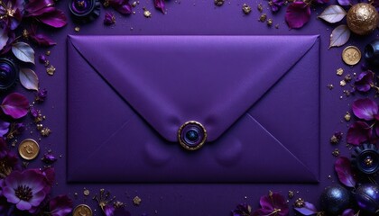 Regal Purple Invitation Envelope with Ornate Gold Wax Seal Surrounded by Lush Floral Elements and Sparkling Golden Details