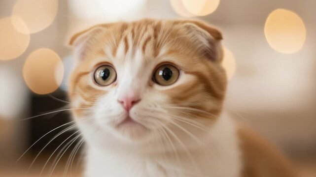 カメラを見つめるかわいい茶トラ白のスコティッシュフォールド