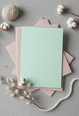 Elegant Mint Green Blank Card and Pink Envelopes with Natural Cotton and Rustic Decor on Grey Fabric Background