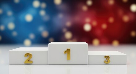A white podium with numbers 2, 1, and 3 on it, with a colorful background featuring red, blue, and gold dots.