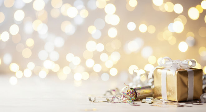A festive golden gift box with a white ribbon and a bow, surrounded by confetti and streamers on a wooden table with a bokeh background of golden lights. - Powered by Adobe