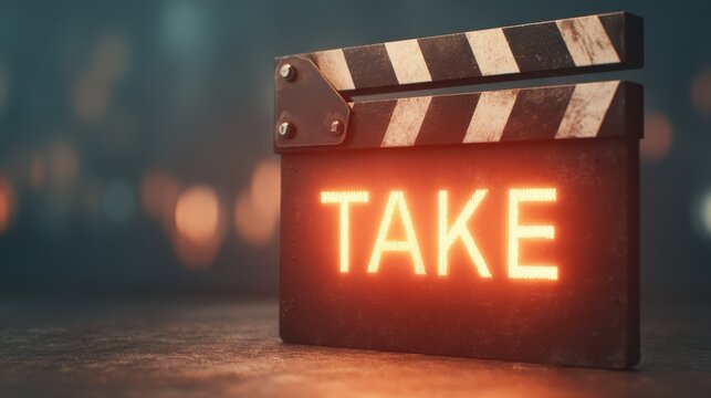 A cinematic clapperboard with the word "TAKE" illuminated, set against a blurred background, suggesting film production or video shooting.
