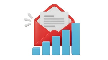 Red open envelope with white paper and rising blue bar chart graph on white background image