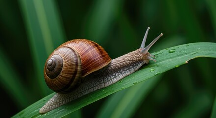 A common terrestrial snail slowly gliding across vibrant green foliage after rainfall, showing its moist shell and extended antennae ,natural ,invertebrate ,ecosystem
