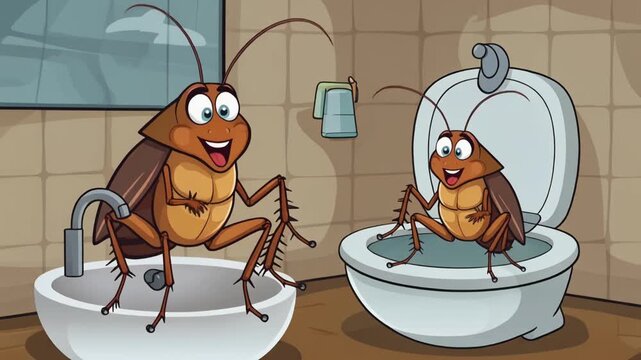 Happy Cockroaches Infestation Bathroom Cartoon Illustration