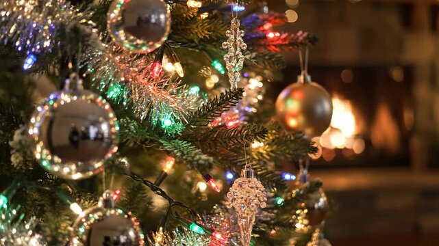 Decorated evergreen tree with ornaments and string lights in festive setting