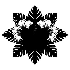 Tropical Hibiscus and Monstera Leaf Silhouette Emblem