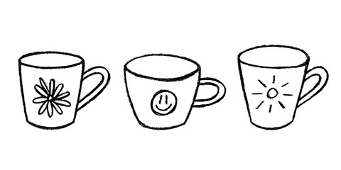 Set of cute hand drawn cup of tea or coffee Simple mug clipart Cozy home doodle Single element for design