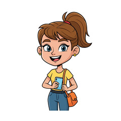 Fototapeta premium Cartoon girl with ponytail holding a smartphone wearing jeans and a yellow t-shirt.