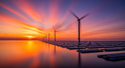 Dramatic Sunset over Offshore Wind Turbines and Floating Solar Farm, showcasing renewable energy