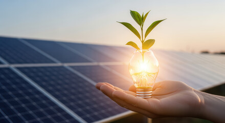 Hand holding glowing light bulb with plant, symbolizing green energy and sustainability against a backdrop of solar panels at sunset.