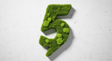 Green Moss 3D Number 5 on White Background, Nature-Inspired Sustainable Design