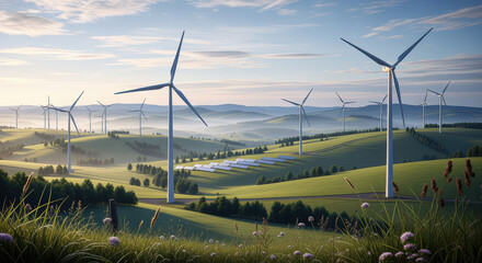 Wind farm and solar panels on rolling green hills, generating clean energy in a sustainable landscape with morning mist