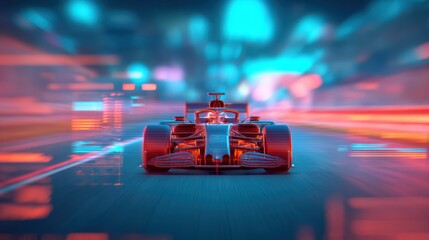A futuristic race car speeds through a high-tech environment, showcasing motion blur and digital effects for a dynamic, exciting vibe.