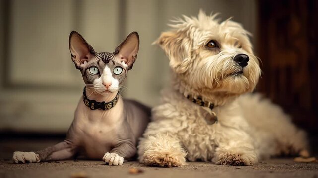 A cat and a dog are laying on the ground next to each other. The cat is a hairless breed. Peaceful composition featuring a Cornish Rex Cat and Havanese Dog, cat and dog minimalist scene