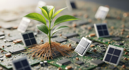 Green Plant Growth on Circuit Board with Solar Panels: Sustainable Technology & Eco-Innovation Concept