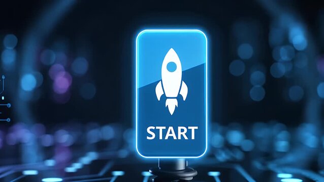 Digital start button with rocket icon representing new project launch.