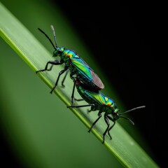Naklejka premium Close up macro view of two colorful insects coupling on a green leaf, illustrating the universal biological imperative of reproduction and mating cycles ,coupling ,evolution ,fertilization