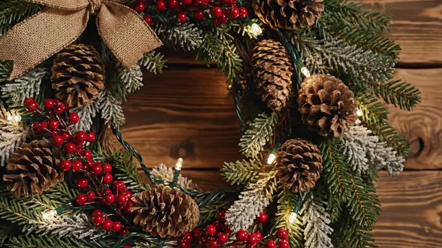 Decorative wreath with pine cones and berries on wooden background