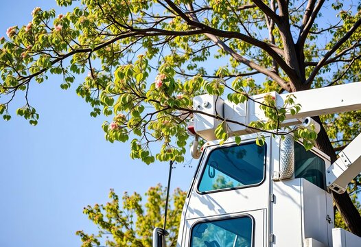 Bucket truck elevated to reach high tree branches for trimming,  high,  service