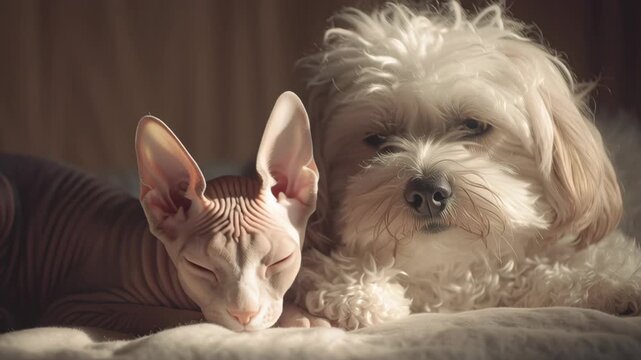 A white dog and a white cat are sleeping together. The cat is curled up on the dog's back. Peaceful composition featuring a Cornish Rex Cat and Havanese Dog, cat and dog minimalist scene