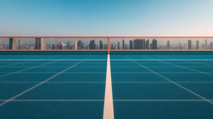 A vibrant blue sports court with a clear skyline backdrop, emphasizing a serene atmosphere and inviting outdoor activity.