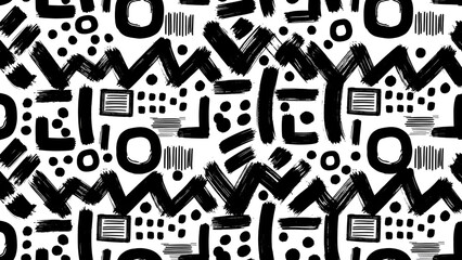 Abstract black and white seamless pattern with hand drawn brush strokes and geometric shapes.