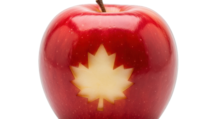 A red apple with a maple leaf design cut out on a white background.