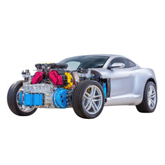 Detailed Cutaway View of Modern Sports Car with Exposed Engine and Suspension Components