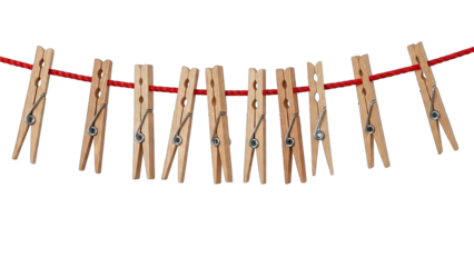 Wooden Clothespins Hanging on Red Rope, Isolated