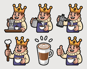 Cheerful Coffee King barista mascot cartoon vector illustration set depicting a royal character pouring gourmet espresso and latte drinks, holding a moka pot, representing premium cafe service, qualit