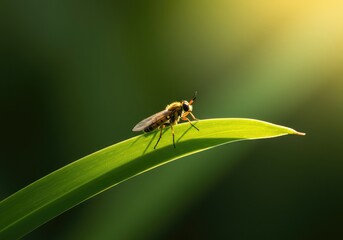 Fototapeta premium A single delicate winged insect rests upon a vibrant green leaf, basking in the warm glow of the afternoon sunlight ,plant ,meadow ,leaf