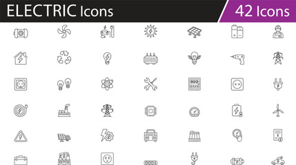 Electricity and energy icons set, power system symbols, electrical engineering tools, renewable sources, battery solar wind elements, industrial components vector pack for technical, educational