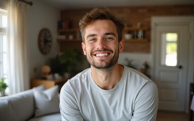 Young man smiling at home. High quality