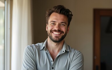 Young man smiling at home. High quality