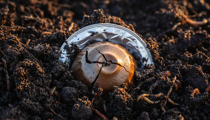 Cracked Shell and Metal Lid in Soil Environmental Pollution Concept, Earth, Nature, Waste Disposal