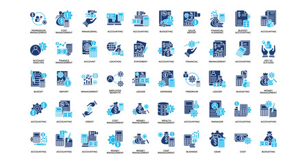 Accounting management icon set collection. Containing sales, value, profit, report, management, manager, revenue .Solid vector icons collection