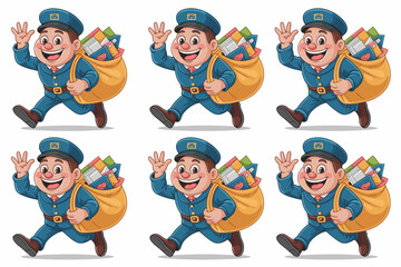 Friendly cartoon postman mail carrier mascot illustration running quickly, waving hello while delivering a heavy sack of letters and parcels; a cheerful graphic design element for reliable postal serv