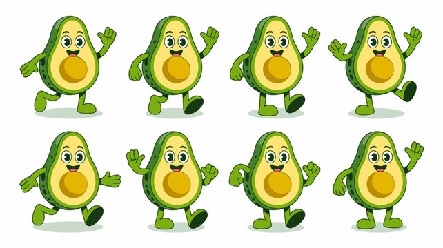 Vibrant green avocado cartoon mascot character animation sprites showing various running, walking, and waving actions, perfect vector illustration set for organic food marketing, diet promotion, happy