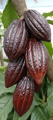 Cacao pods hanging from a tree branch with green leaves.