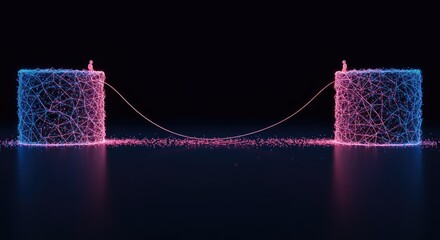 Abstract illustration of two data clusters needing a bridge across a large, empty space, symbolizing a missing link or incomplete network pathway ,visualization ,abstract ,digital