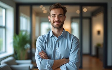 Confident young professional standing in modern office with arms crossed. High quality