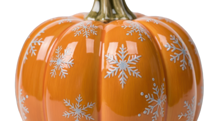 Close-up of an orange pumpkin with white snowflake designs on a plain background.