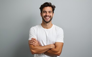 Portrait of handsome smiling young man with folded arms. Laughing joyful cheerful men with crossed hands studio shot. Isolated on gray background. High quality