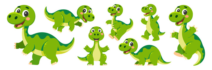 Obraz premium Adorable baby green dinosaur characters cartoon vector collection set isolated on white, featuring friendly smiling playful prehistoric fauna mascots for creative children's education, marketing, digi